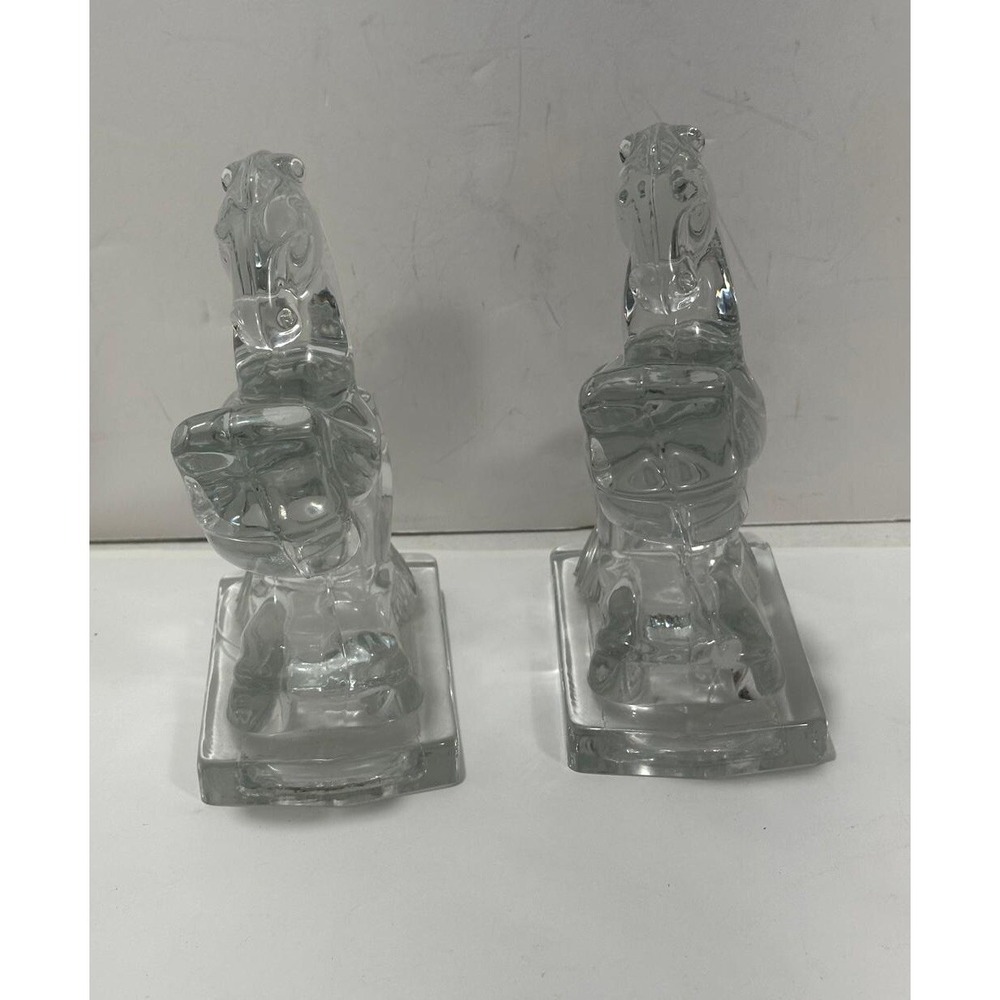 Vintage Clear Glass Pair of 8" HEAVY Rearing Horse Bookends - Picture 8 of 11